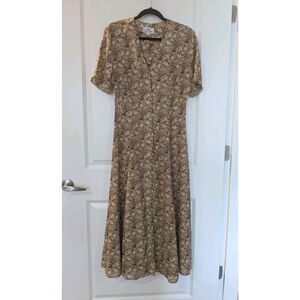 Lori Ann Montreal Dress Vintage Button Down V Neck Beige Floral, Size 9